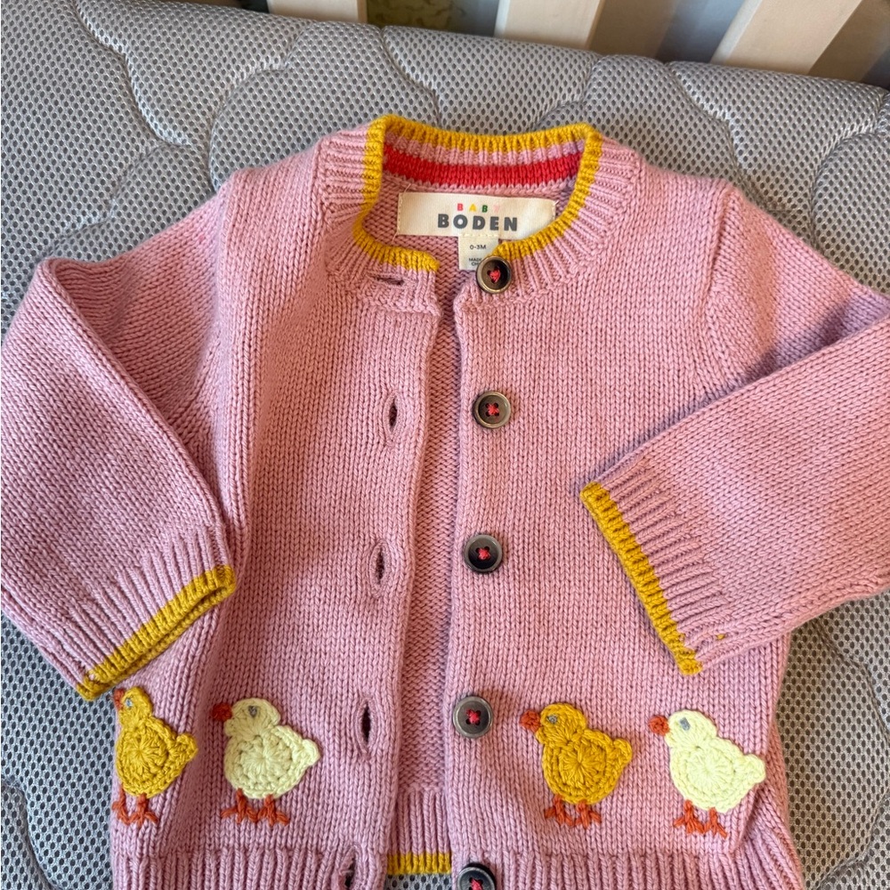Baby Boden Pink Cardigan with Yellow Embroidered Chicks
